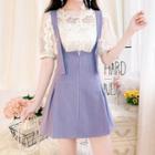 Set: Short-sleeve Lace Top + Mini Plain Jumper Dress