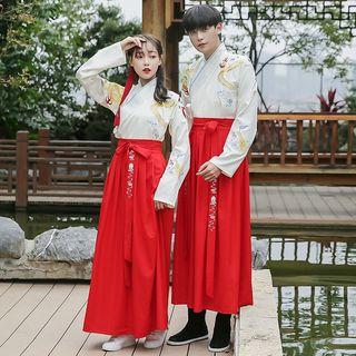 Long-sleeve Hanfu Top / Midi Skirt / Open-front Coat / Headband / Set
