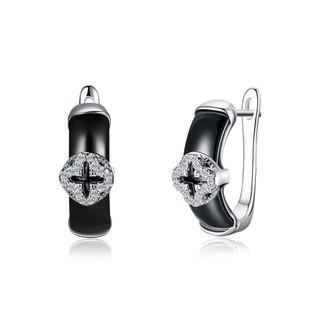 Sterling Silver Elegant Fashion Four-leafed Clover Cubic Zircon Black Ceramic Earrings Silver - One Size