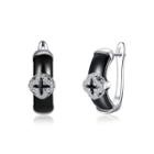Sterling Silver Elegant Fashion Four-leafed Clover Cubic Zircon Black Ceramic Earrings Silver - One Size