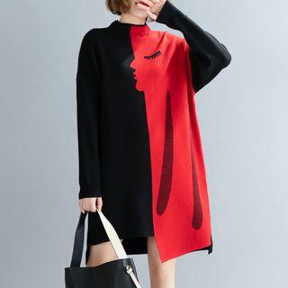 Printed Two-tone Long-sleeve Knit Dress