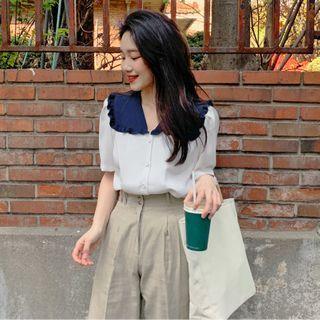Short-sleeve Collared Blouse As Shown In Figure - One Size