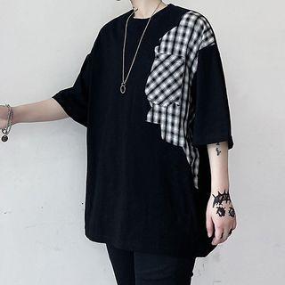 Irregular Plaid Panel Elbow-sleeve T-shirt