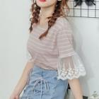 Lace Sleeve Striped Tee