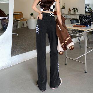 Checkerboard Panel High Waist Wide Leg Jeans