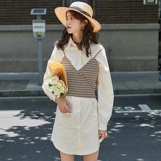 Set: Plain Shirt Dress + Camisole Top Set - Shirt Dress - White - One Size / Camisole Top - Plaid - Coffee & White - One Size
