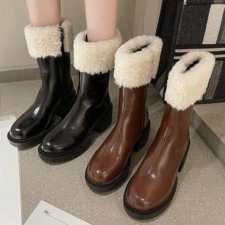 Block Heel Fleece Trim Mid Calf Boots