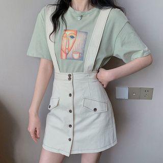 Short-sleeve Graphic Print T-shirt / Suspender Skirt