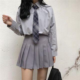 Plain Shirt / Plaid Tie / Pleated Mini Skirt / Set
