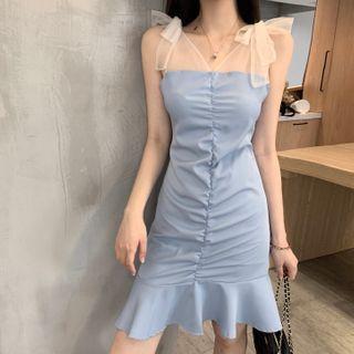 Mesh Panel Bow-detail Ruffled Mini Dress As Shown In Figure - One Size