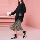Leopard Print Mock Two-piece Midi Pullover Dress
