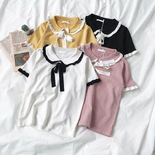 Peter Pan Collar Ruffle Trim Knit Top