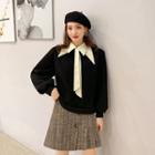 Set: Long-sleeve Collar Top + Tweed A-line Skirt