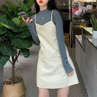 Set : Plain Long-sleeve Knit Top + V-neck A-line Suspender Skirt