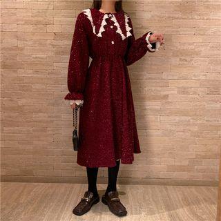 Glitter Lace Trim Bell-sleeve A-line Midi Dress Red - One Size
