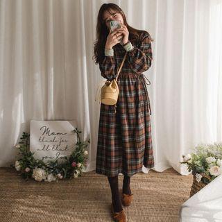 Tie-side Plaid Long Wrap Dress