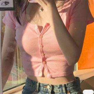 Short-sleeve Button-up Knit Crop Top