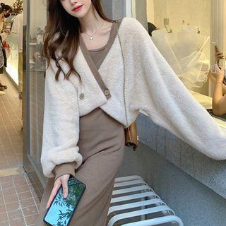 Puff-sleeve Asymmetrical Jacket / Plain Round-neck Suspender Skirt