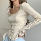 Long-sleeve Square-neck Plain Asymmetric T-shirt