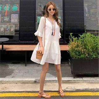 Embroidered Tassel-trim Tiered Dress White - One Size