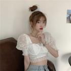 Lace Short-sleeve Cropped Blouse Lace - White - One Size