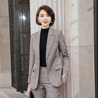 Double-breasted Plaid Blazer / Straight-cut Cropped Plaid Pants / Set