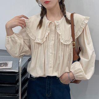 Peter Pan-collar Ruffle Trim Long-sleeve Ruched Plain Blouse
