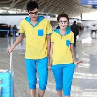 Set: Couple Color-block T-shirt + Cropped Pants