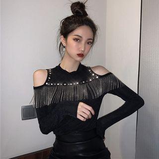 Studded Fringed Trim Cold Shoulder Long-sleeve T-shirt Black - One Size