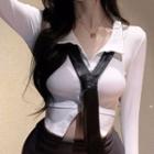 Long-sleeve Collar Tie-neck Top / Mini Pencil Skirt