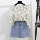 Set: Leaf Print Off-shoulder Blouse + Denim Skirt