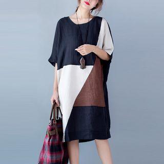 Elbow-sleeve Color Block Panel T-shirt Dress