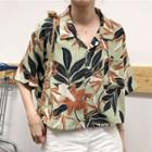 Elbow-sleeve Leaf Print Shirt As Shown In Figure - One Size