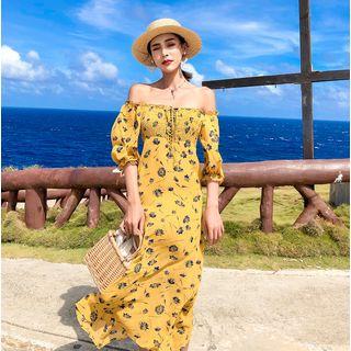 Floral Off-shoulder 3/4-sleeve Dress