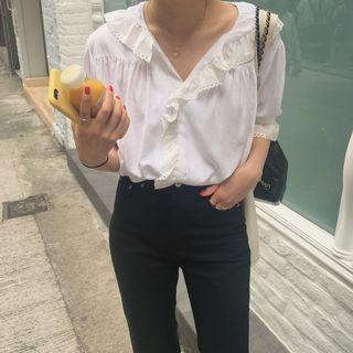 Elbow-sleeve Lace Trim Shirt White - One Size