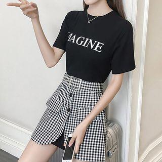 Set: Elbow-sleeve Letter Mini T-shirt Dress + Gingham Buttoned A-line Mini Skirt