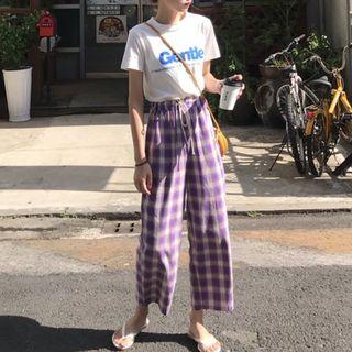 Short-sleeve Letter T-shirt / Plaid Wide-leg Pants