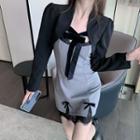 Open Front Cropped Blazer / Spaghetti Strap Lace Trim Mini Sheath Dress