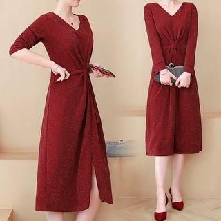 Glitter Long-sleeve Ruched A-line Midi Dress