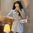 Short-sleeve Floral Cropped Shirt Jacket / Mini A-line Skirt