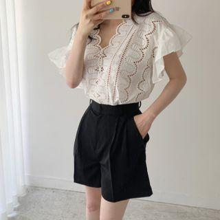 Ruffled V-neck Eyelet Blouse