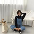 Button-front Wide-leg Overall Jeans Blue - One Size