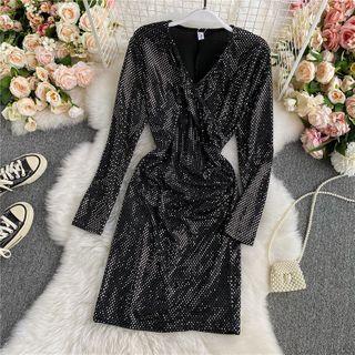V-neck Plain Sequined Dress