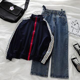 Contrast Trim Pattern Printed Zipped Jacket / High-waist Jeans