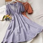 Ribbon-neckline Puff-sleeve Midi Dress