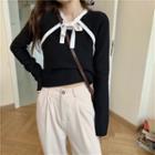 Contrast Trim Bow Long-sleeve Cropped Knit Top Black - One Size