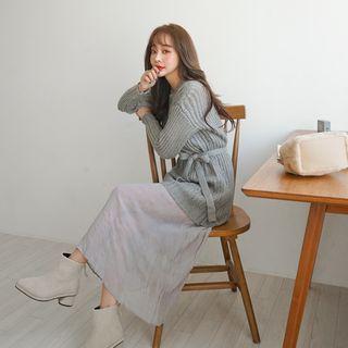 Set: Rib-knit Sweater + Crinkled Long Dress