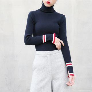 Long-sleeve Turtleneck Contrast-stripe Knit Top