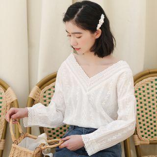 Eyelet V-neck Long-sleeve Blouse White - One Size