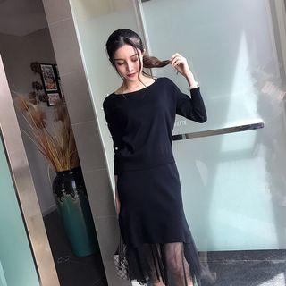 Set: Faux Pearl Sweater + Mesh Hem Midi Knit Skirt